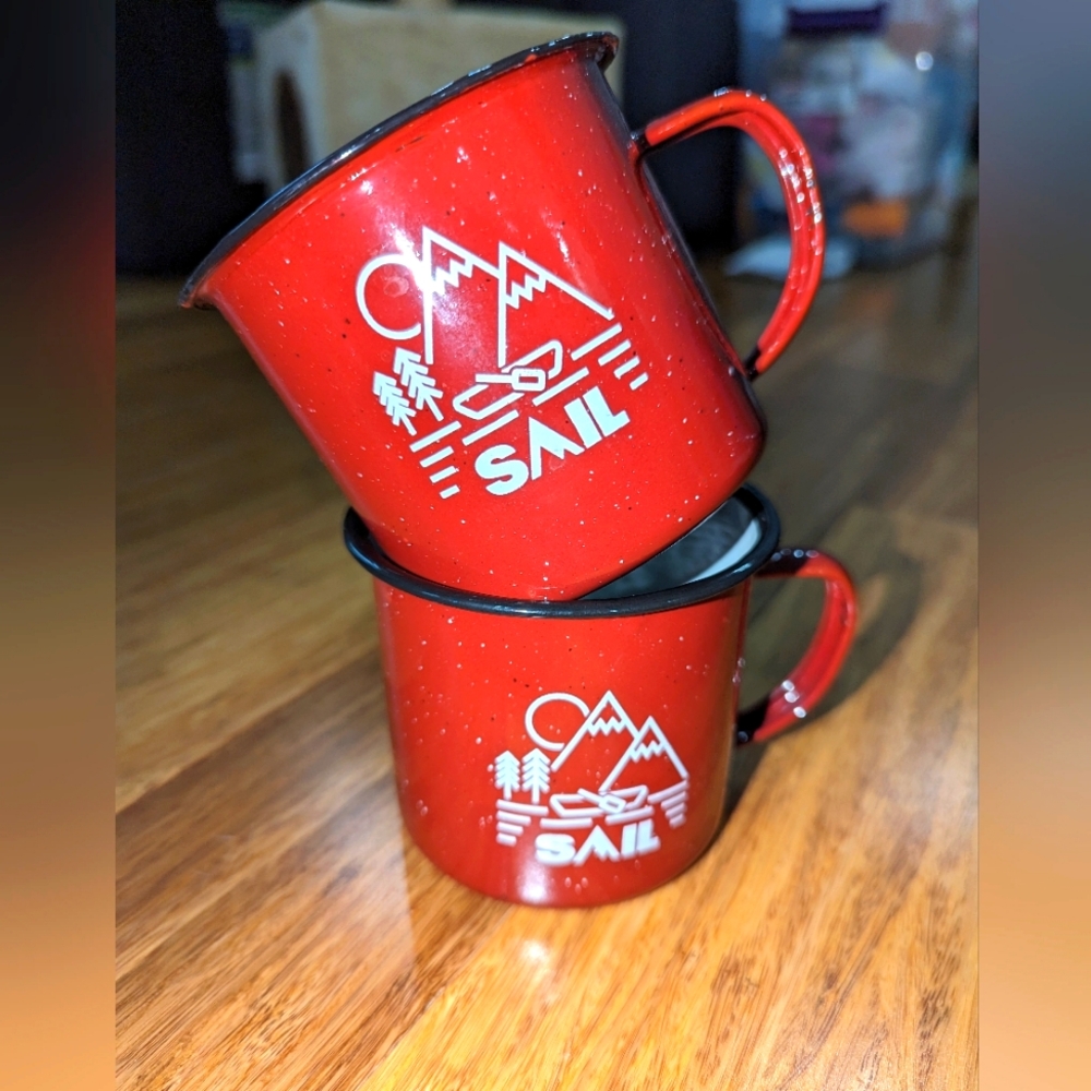 Sail red metal camping mugs. Collection. Outdoors. 2 set.